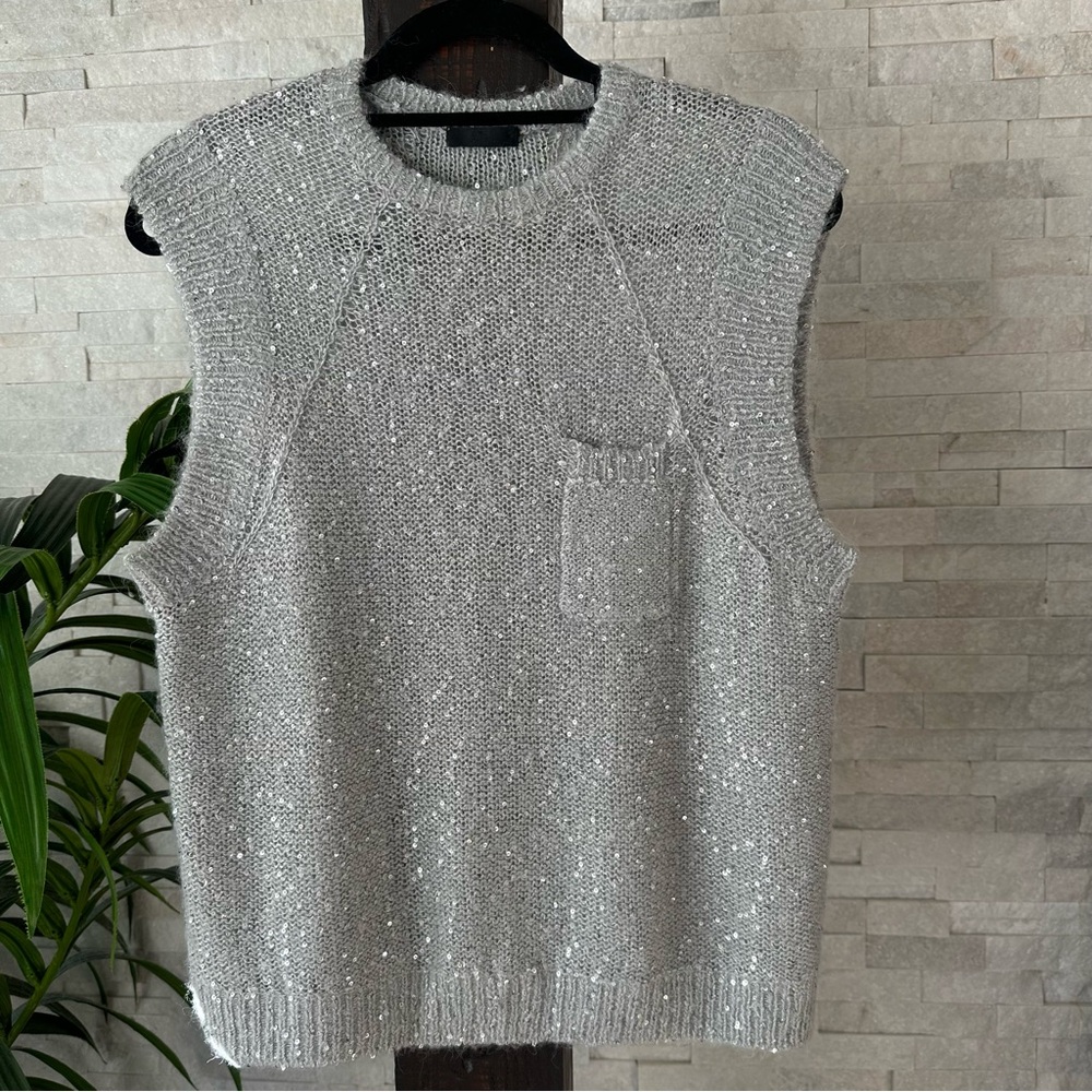 ATM Anthony Thomas Melillo Grey Sequin Sleeveless Sweater Top Size Small